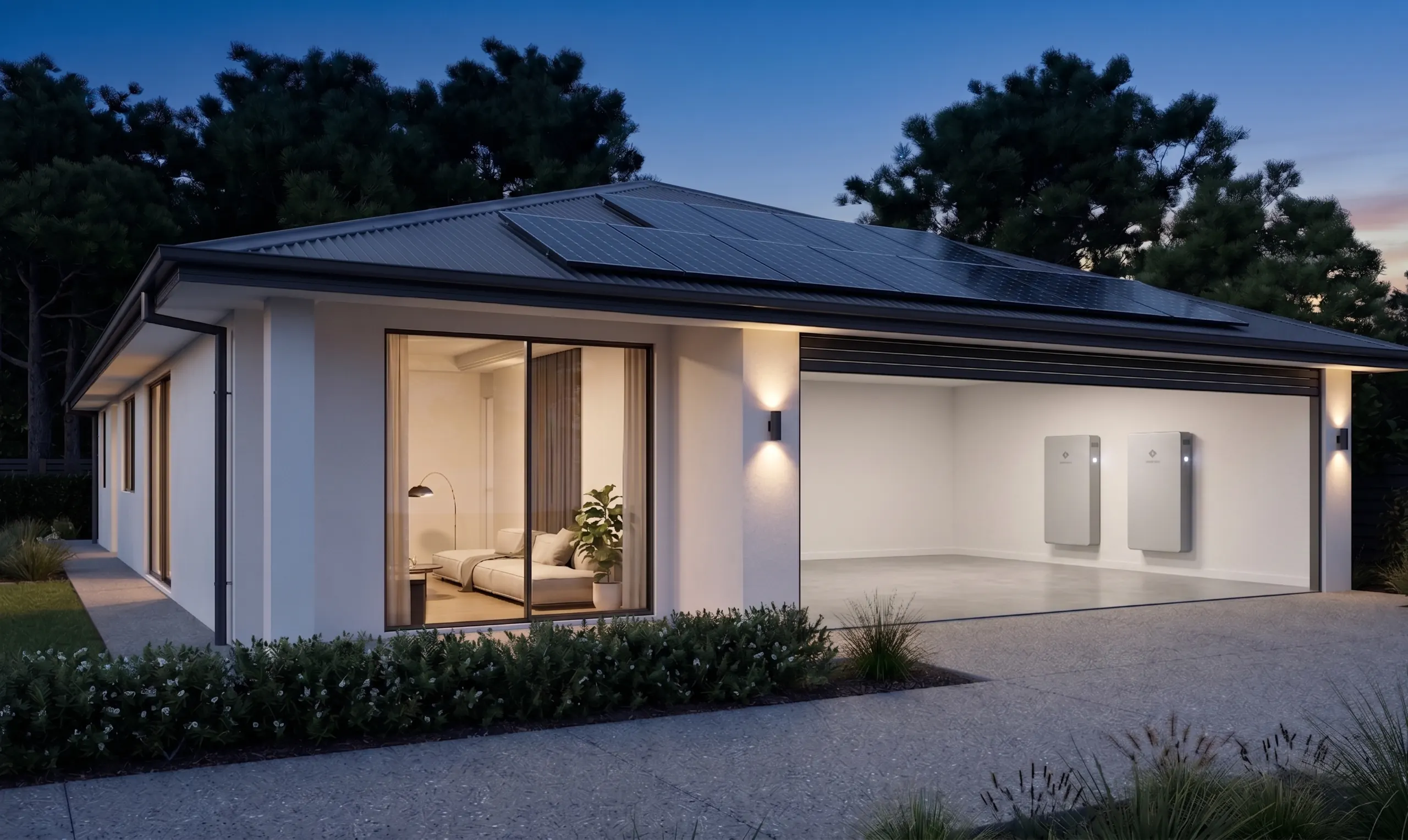 The home at dusk with solar panels on the roof and two home batteries on the garage wall