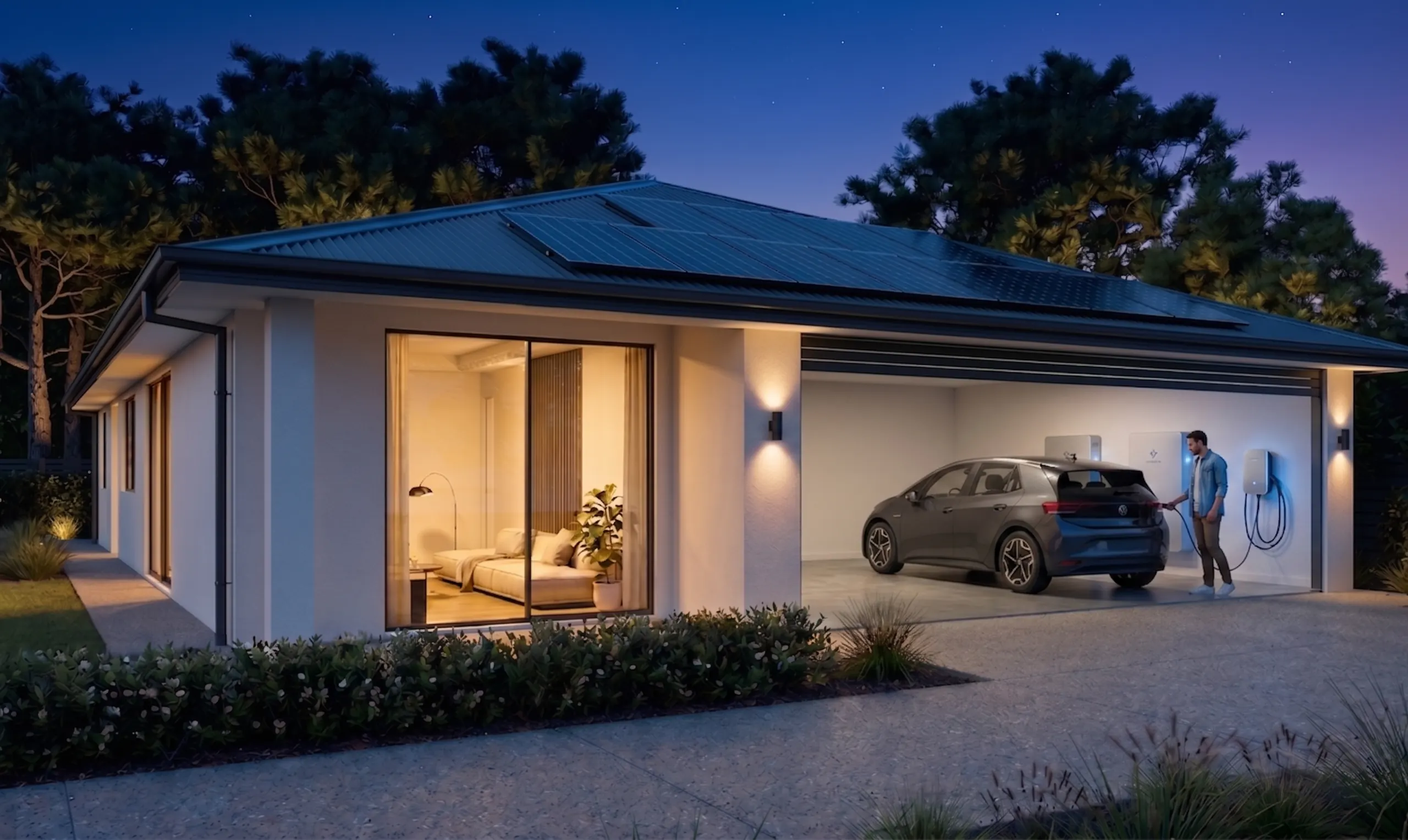 The home at night, lights on inside, with solar panels on the roof and an electric car charging in the garage