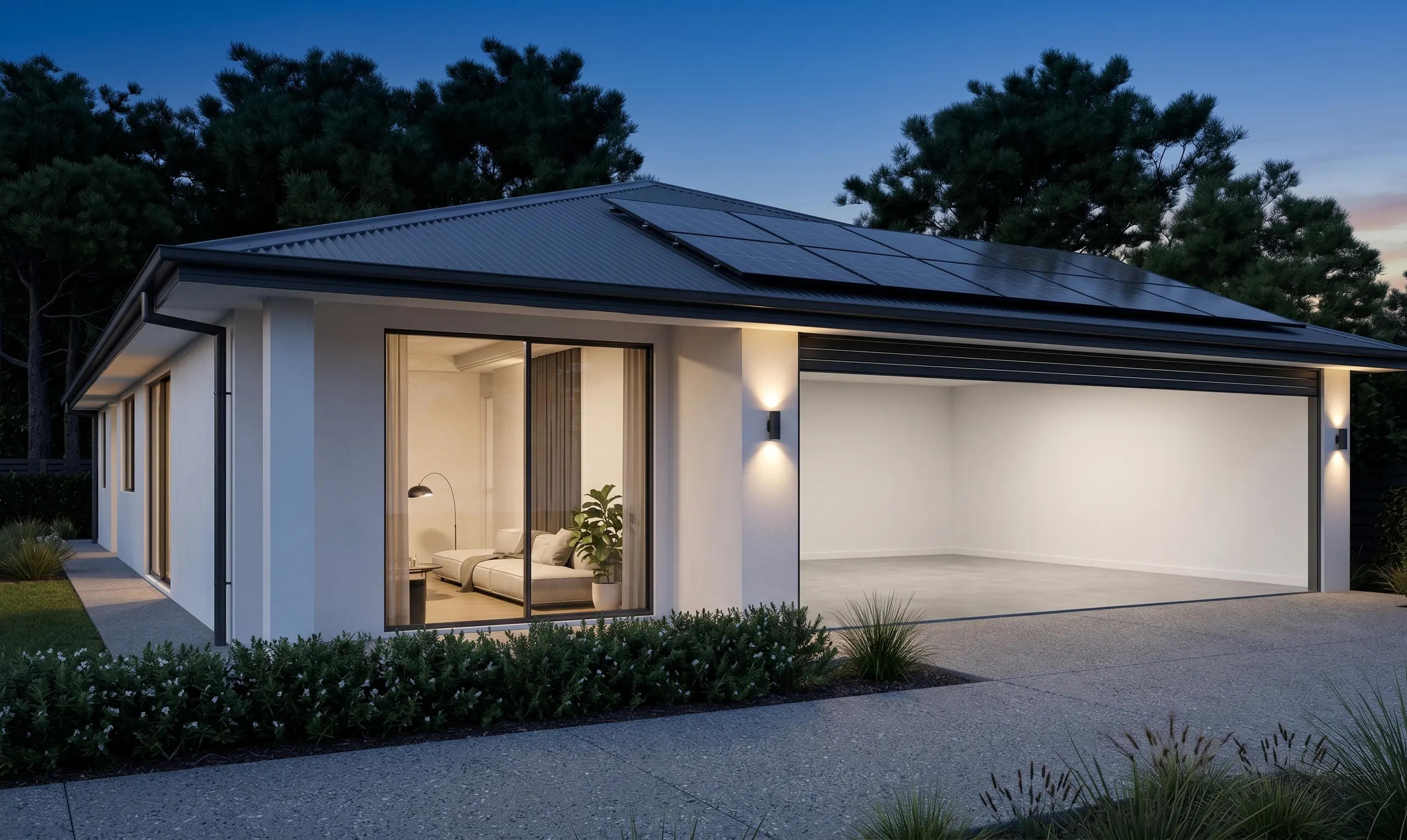 A modern Australian home with solar panels on its roof